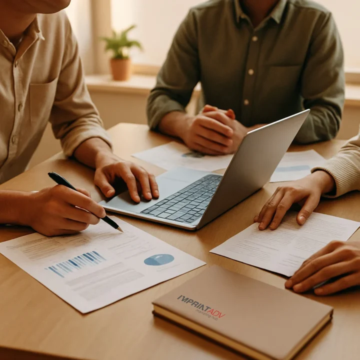 Ambiente di lavoro collaborativo in agenzia per la pianificazione di campagne pubblicitarie di successo