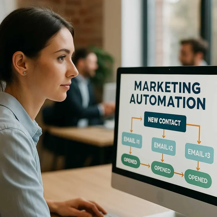 Piattaforma software per marketing automation con grafici di mail nurturing visualizzati su schermo